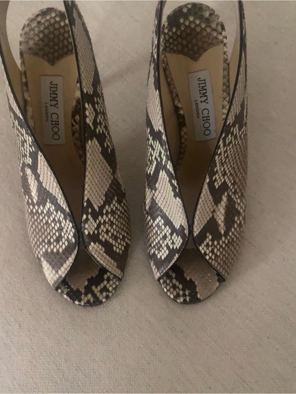 Jimmy Choo Beige and Brown Python Snake-Print Peep-Toe Slingback Heels - SZ 39.5